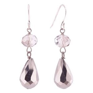 Silvertone Reflective Teardrop Crystal Sterling Silver Hook Earrings 1 3/4" NWOT